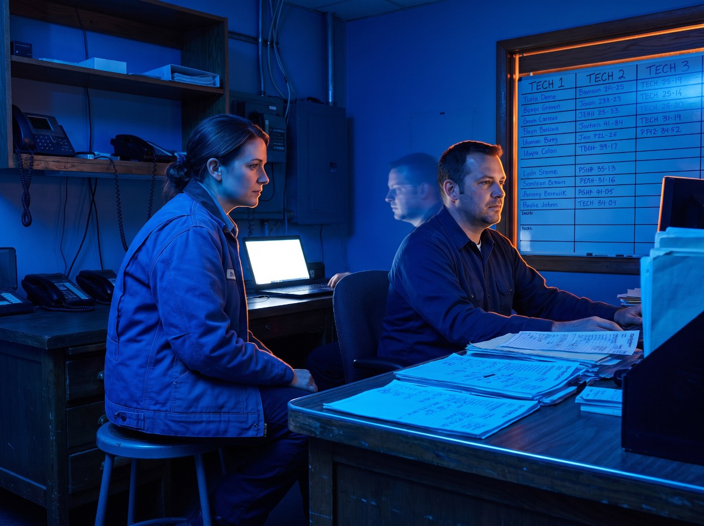 Engineer beside a dispatcher at a desk of job tickets