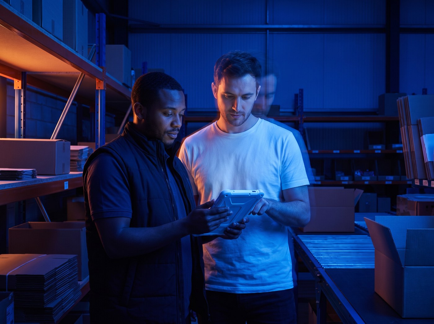 Engineer with a warehouse worker at a packing station