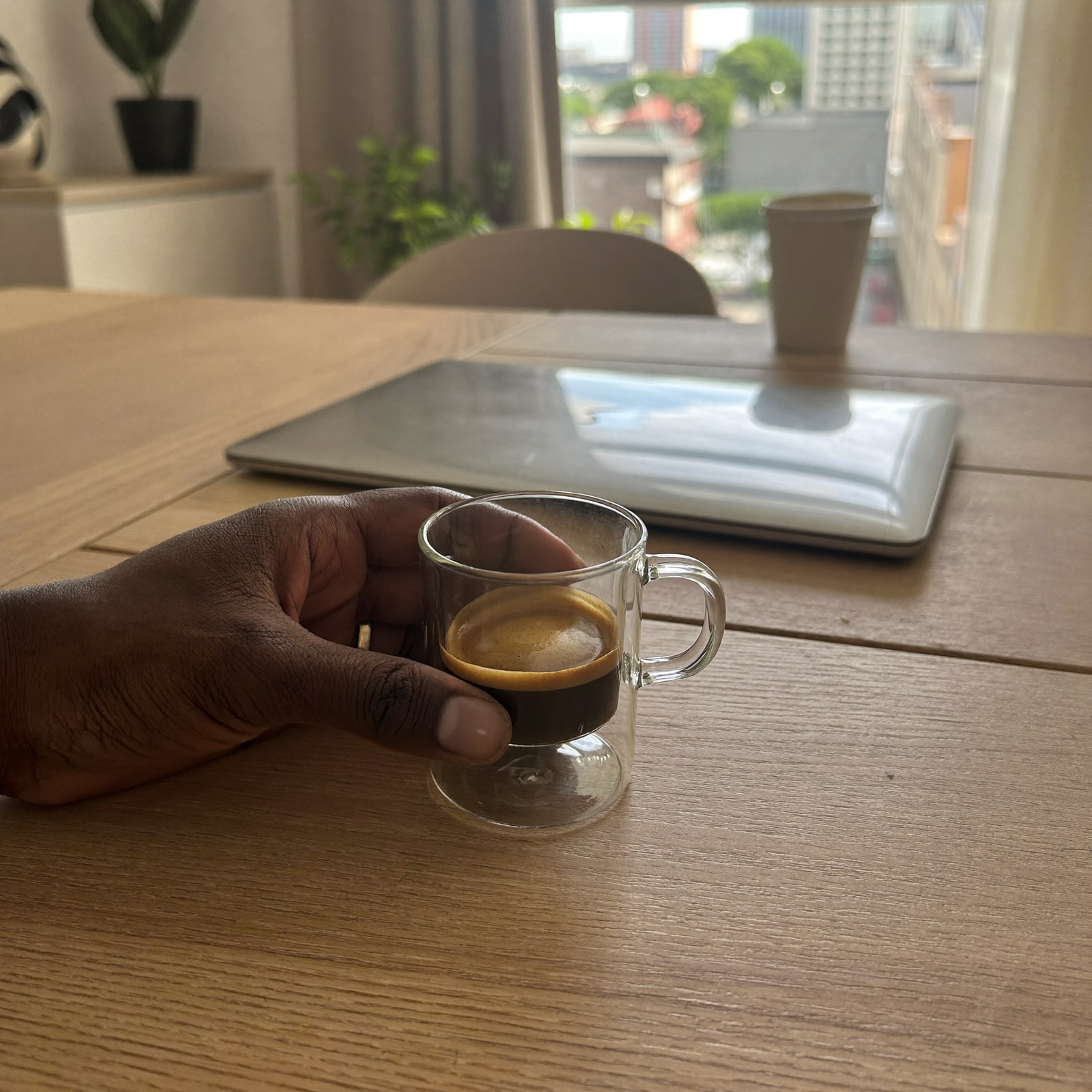 Coffee at a desk before a site visit