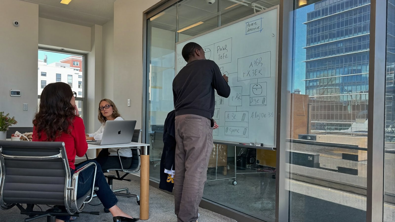 Engineers mapping a process at a whiteboard